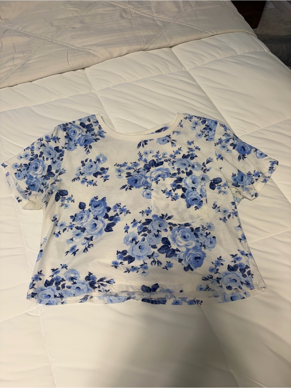 Forever 21 White Crop Top with Blue Floral Print